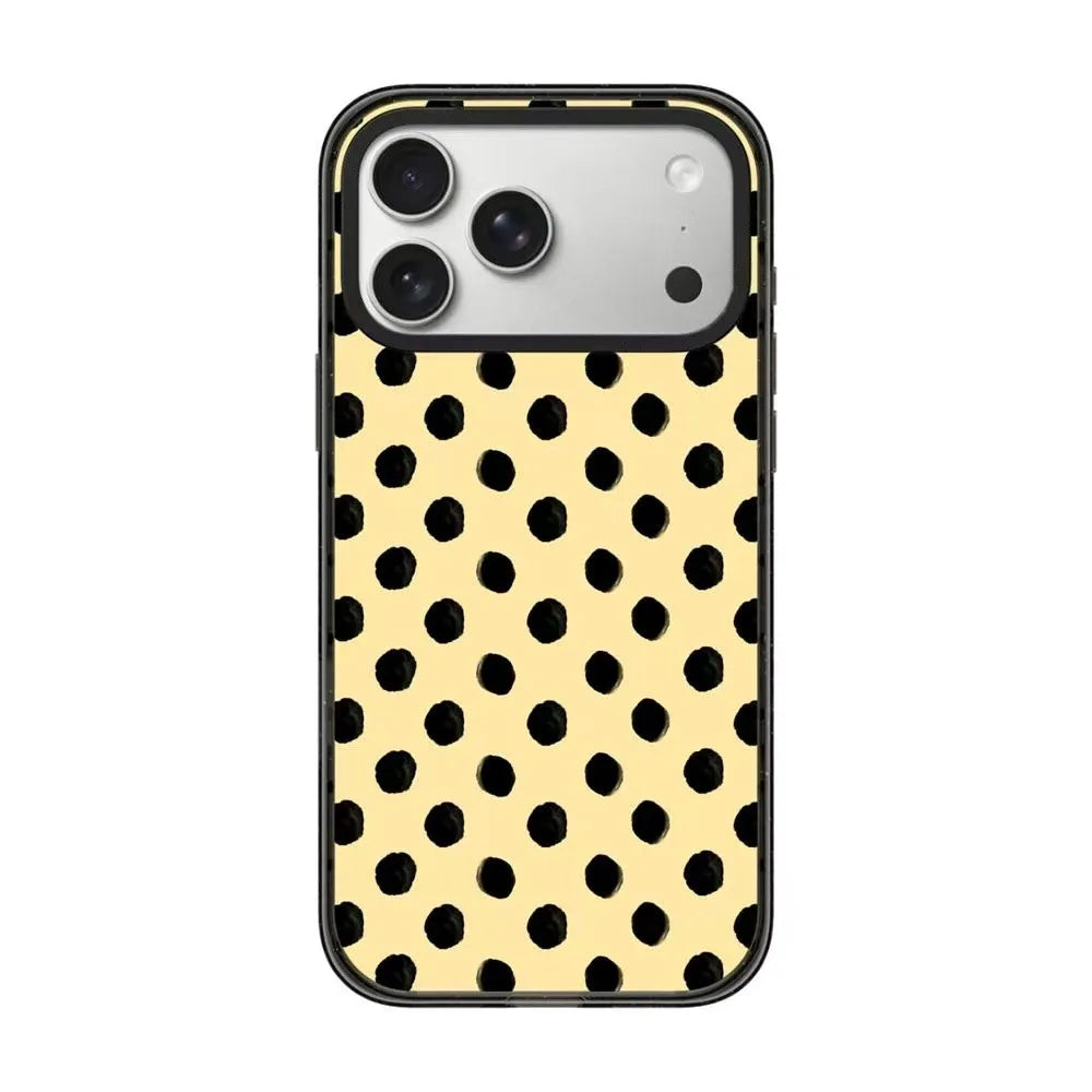 CasePoppi Classic Polka Dot Phone Case in Vibrant Yellow, featuring a bold black spotted pattern on a sunny yellow background for a playful aesthetic.