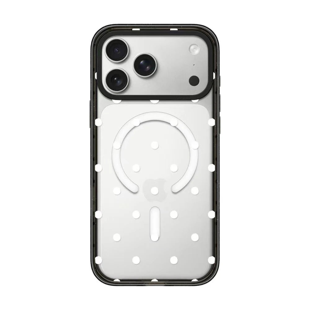 CasePoppi Classic Polka Dot Phone Case in Clear, featuring a delicate white spotted pattern on a transparent background to showcase the original phone color.