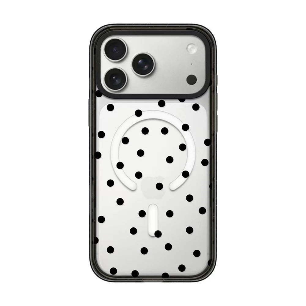 CasePoppi Classic Polka Dot Phone Case in Clear with Black Spots, a trendy transparent protective cover that showcases your phone's color with a playful aesthetic.
