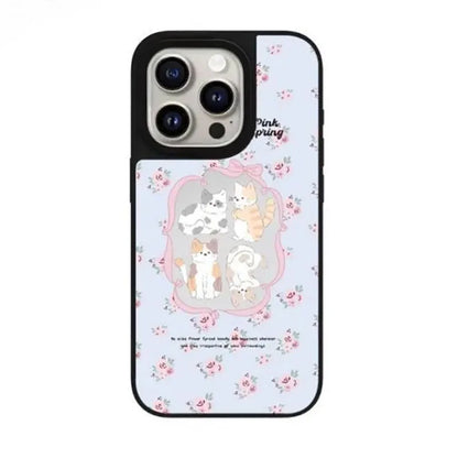 Cottagecore Style iPhone 16 Pro Max Mirror Phone Case featuring Hand-drawn Cute Kitten Illustrations on a Soft Floral Pastel Background
