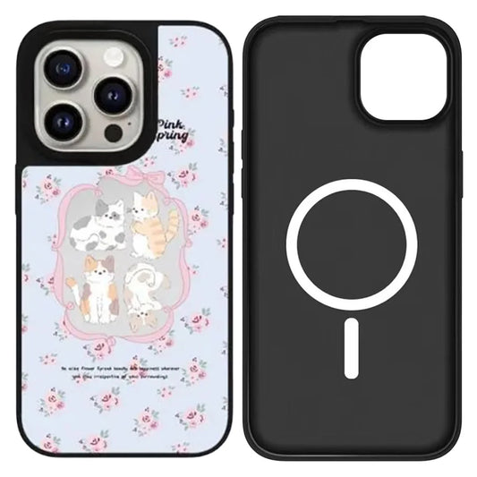 Coquette Aesthetic iPhone 17 Pro Max Case with Pink Ribbon Frame and Cute Cats Shabby Chic Retro Flower Protective Phone Cover for Girls