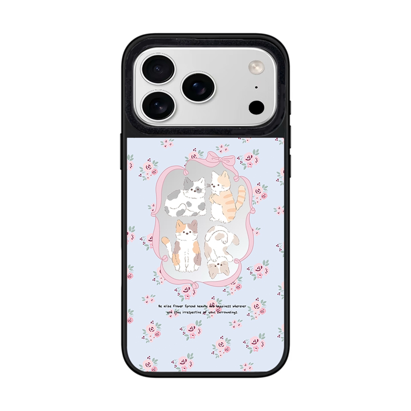 Vintage Aesthetic iPhone 17 Pro Max Phone Case featuring Kawaii Doodles of Four Cats and Pastel Blue Floral Pattern Cover
