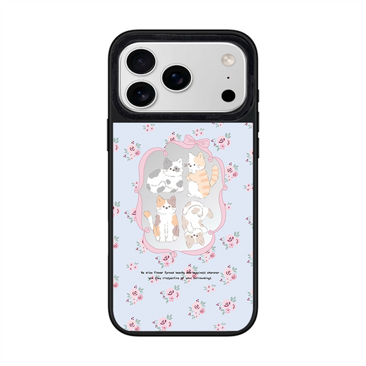 Vintage Aesthetic iPhone 17 Pro Max Phone Case featuring Kawaii Doodles of Four Cats and Pastel Blue Floral Pattern Cover