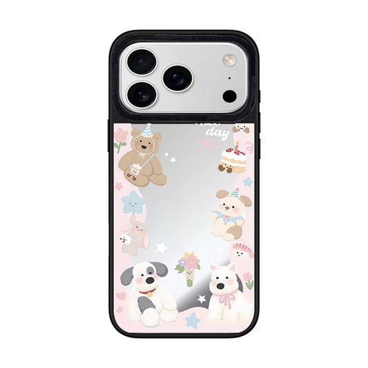 Cute Aesthetic iPhone 17 Pro Max Mirror Phone Case featuring Kawaii Party Animals Dog and Bear Doodles Happy Birthday Theme Cover