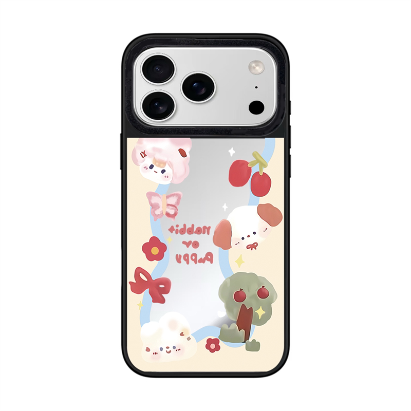 Cute Aesthetic iPhone 17 Pro Max Mirror Phone Case featuring Kawaii Character Doodles Rabbit Puppy and Cherry Patterns