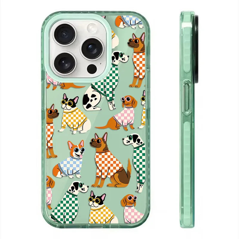 Slim-fit green iPhone protective case with a festive and cheerful scattered dogs in sweaters pattern.