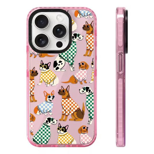 Protective pink phone case for iPhone 13 14 15 16 17 series, featuring an adorable all-over pattern of fashionable dogs in colorful sunglasses and matching sweaters.