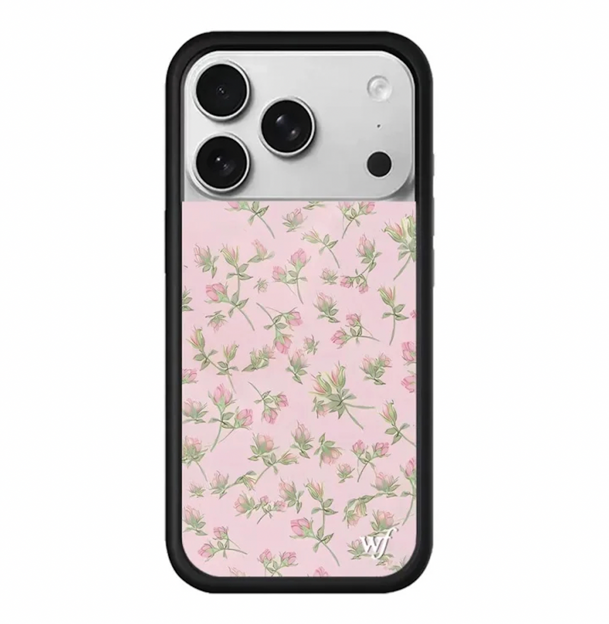 Cute pink rosebud floral pattern phone case for iPhone 17 Pro, dainty flower design on clear cover, protective black bumper.