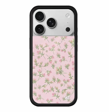 Cute pink rosebud floral pattern phone case for iPhone 17 Pro, dainty flower design on clear cover, protective black bumper.