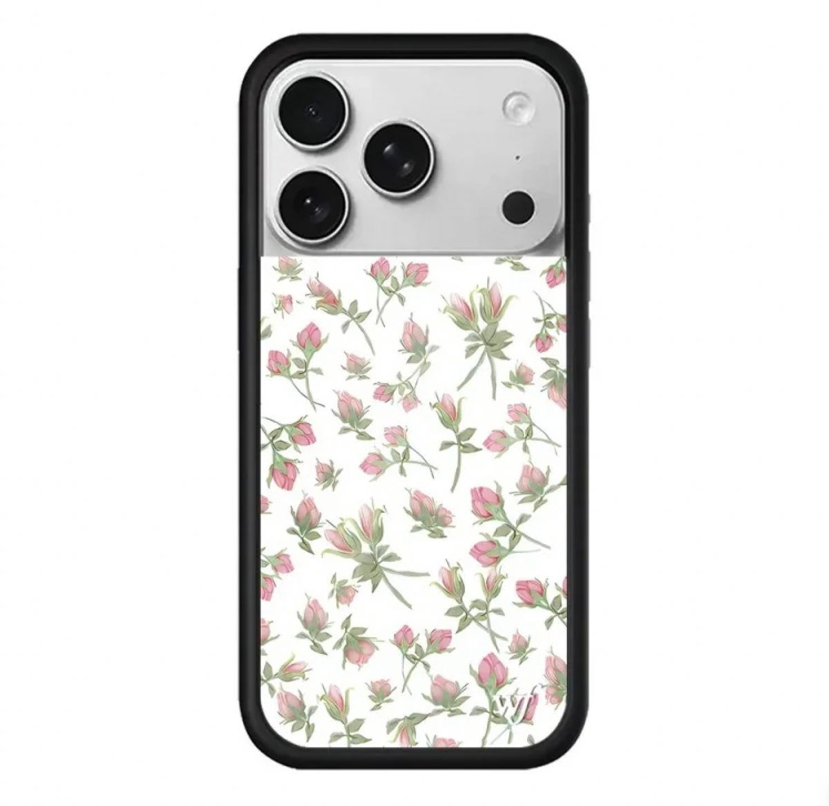 Aesthetic white phone case for iPhone 17 Pro with dainty pink rosebud floral pattern, protective bumper cover featuring delicate flower design.