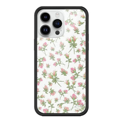 Coquette aesthetic phone case, dainty pink flower bud print on white background for iPhone 17 Pro Max, vintage floral protective mobile accessory.