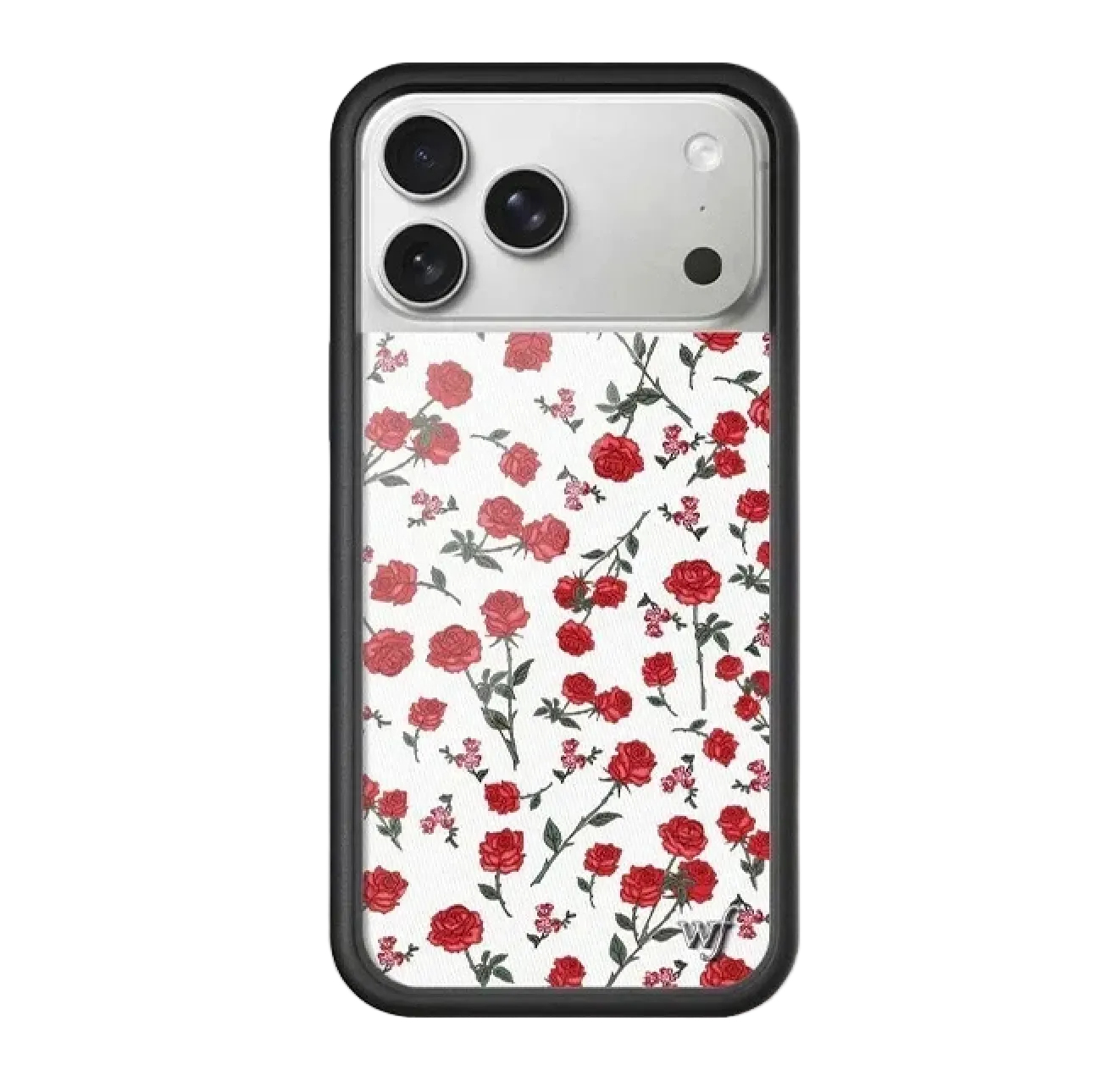Cute red rose floral pattern phone case for iPhone 17 Pro, dainty small flower and rose print on clear cover with protective black bumper.