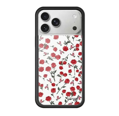 Cute red rose floral pattern phone case for iPhone 17 Pro, dainty small flower and rose print on clear cover with protective black bumper.