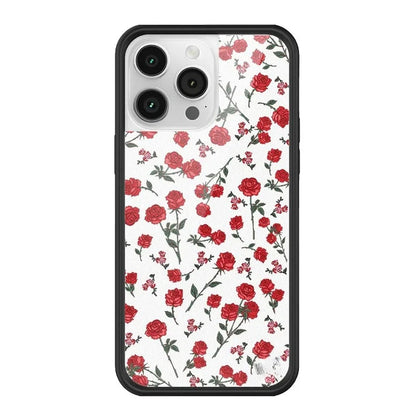 White floral iPhone case with small red roses, protective cover with vintage dainty pattern, cute shockproof phone accessory for girls.