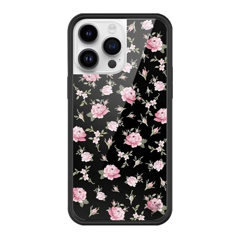 Dark Coquette aesthetic phone case, dainty pink rose print on black background for iPhone 17 Pro, vintage floral protective mobile accessory.