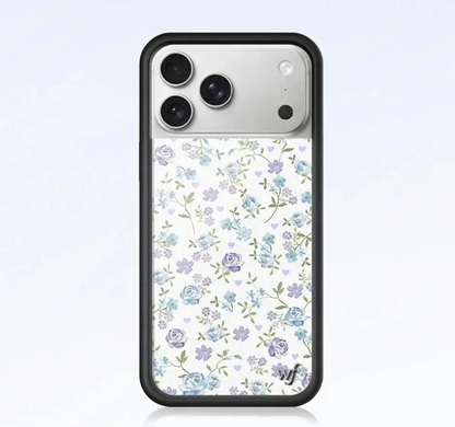 Cute blue dainty floral pattern phone case for iPhone 17 Pro, clear cover with small purple flowers and heart print, protective black bumper.