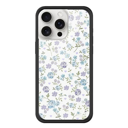 Cottagecore aesthetic phone case with blue and purple flowers, vintage dainty floral print for iPhone 17 Pro Max, aesthetic soft girl mobile accessory.