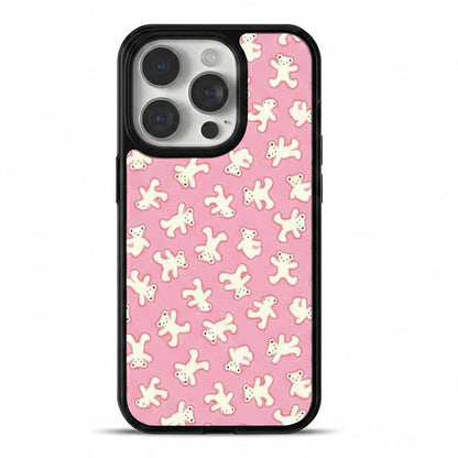 Coquette aesthetic pink phone case with cream bears, Y2K style cute animal print mobile cover for iPhone 17 series, dainty girly phone accessory.