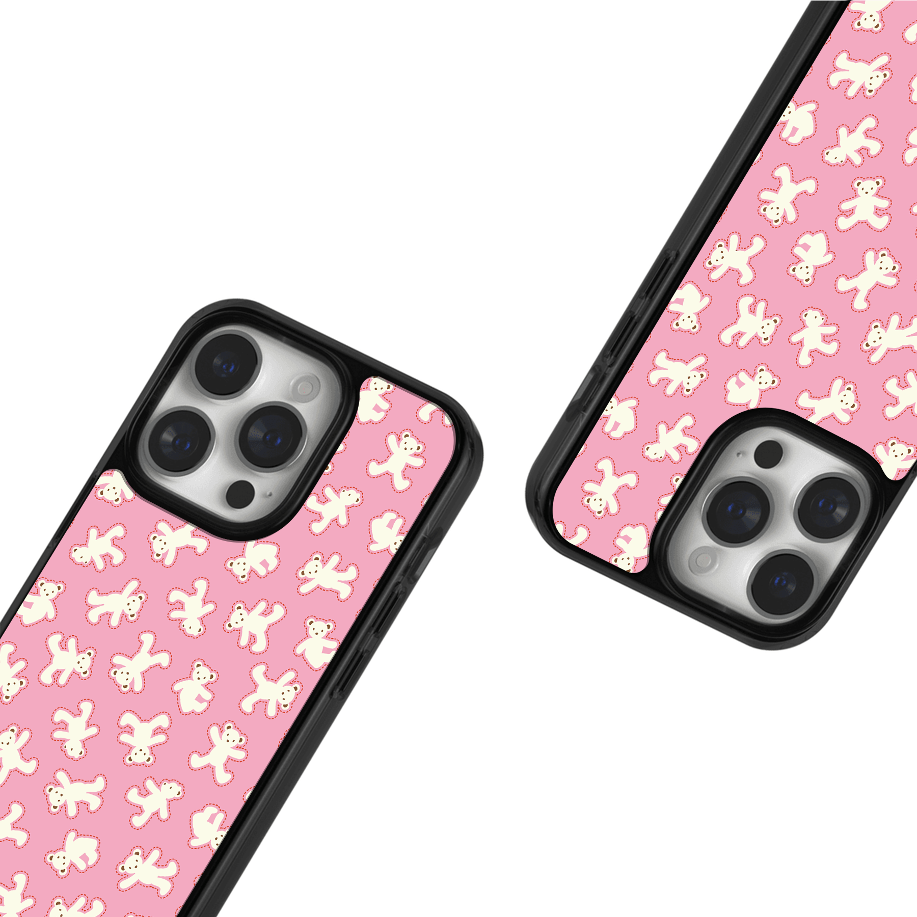 Pink teddy bear case for iPhone, aesthetic patterned phone cover with bumper, cute animal print accessory for girls.