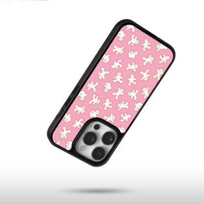 Pink teddy bear pattern case for iPhone 17, aesthetic patterned phone cover for girls, protective mobile accessory.