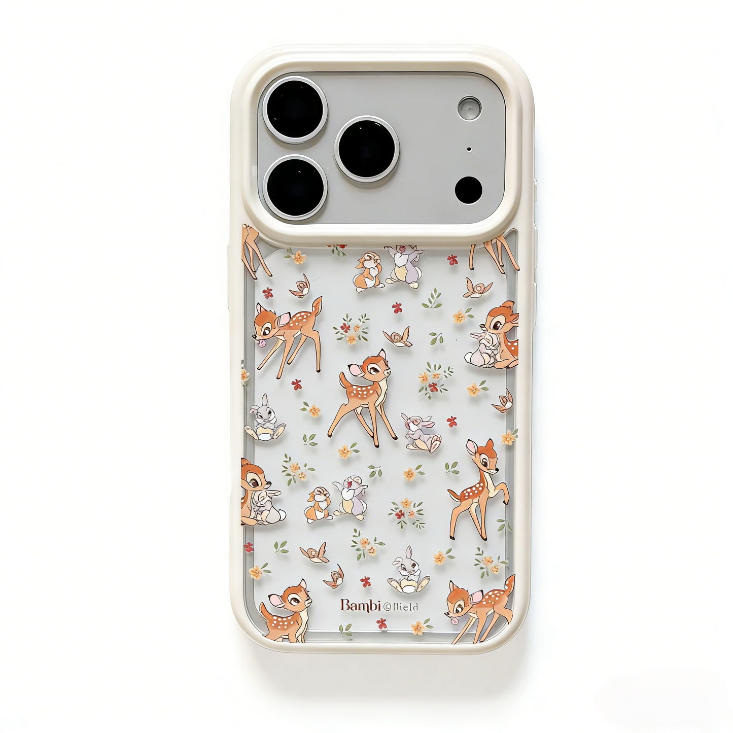 Coquette style woodland animal phone case, dainty wildflower and Bambi print, cream bumper iPhone 17 series case.