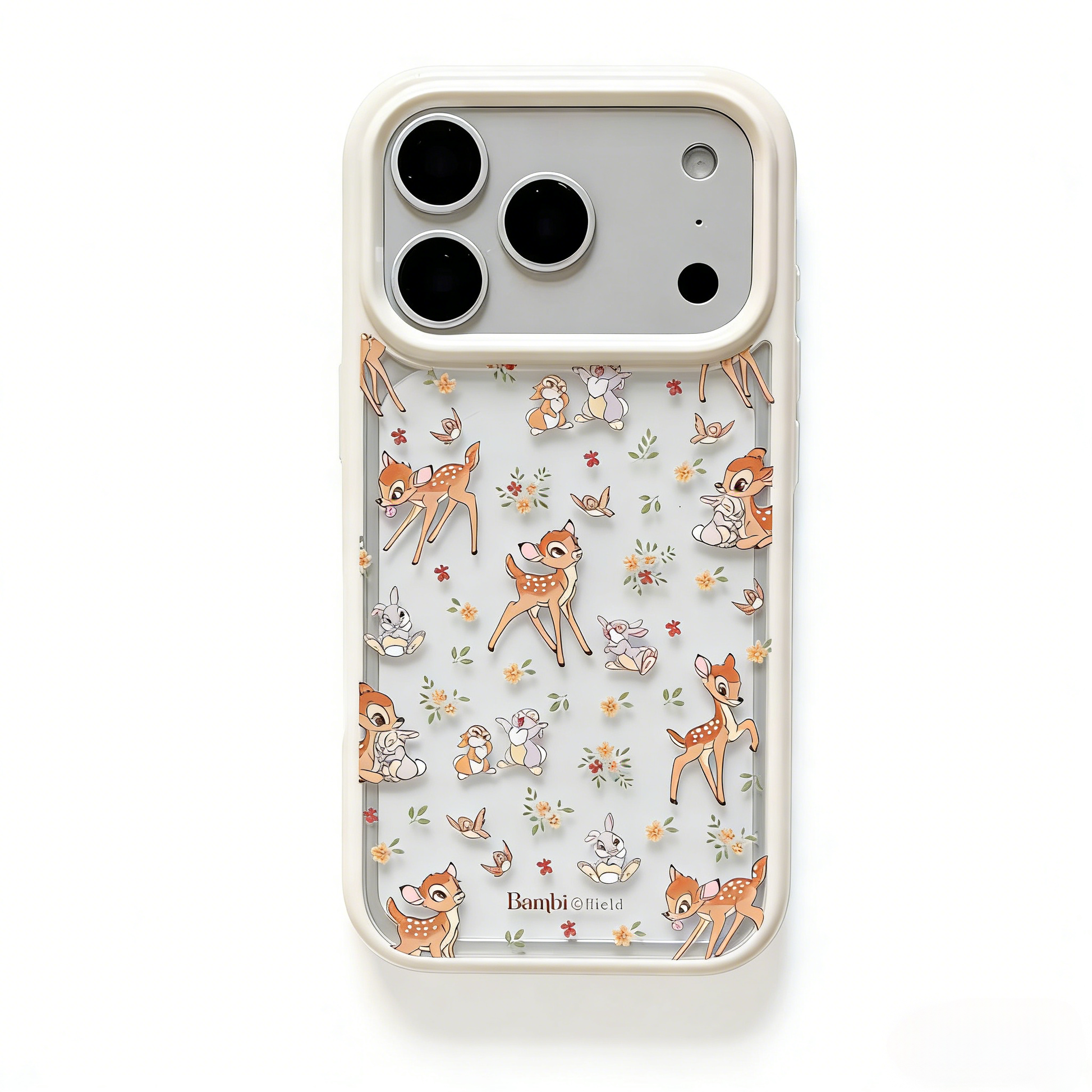 Coquette style woodland animal phone case, dainty wildflower and Bambi print, cream bumper iPhone 17 series case.