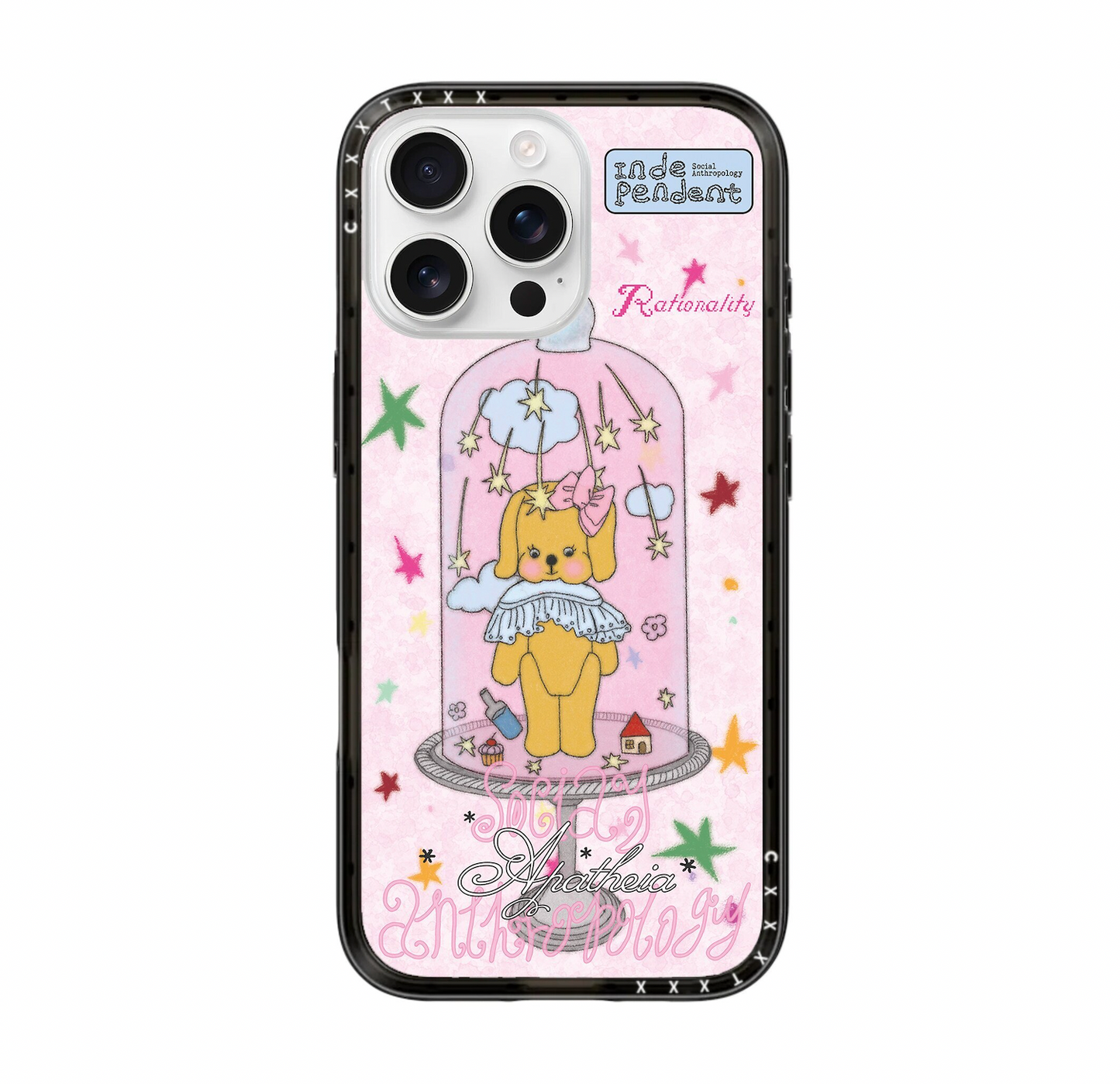 A heavy-duty protective iPhone case featuring a hand-drawn yellow puppy with a pink bow inside a glass dome. The background is a soft pink cloud pattern with scattered colorful stars. The case features a thick black shockproof bumper.