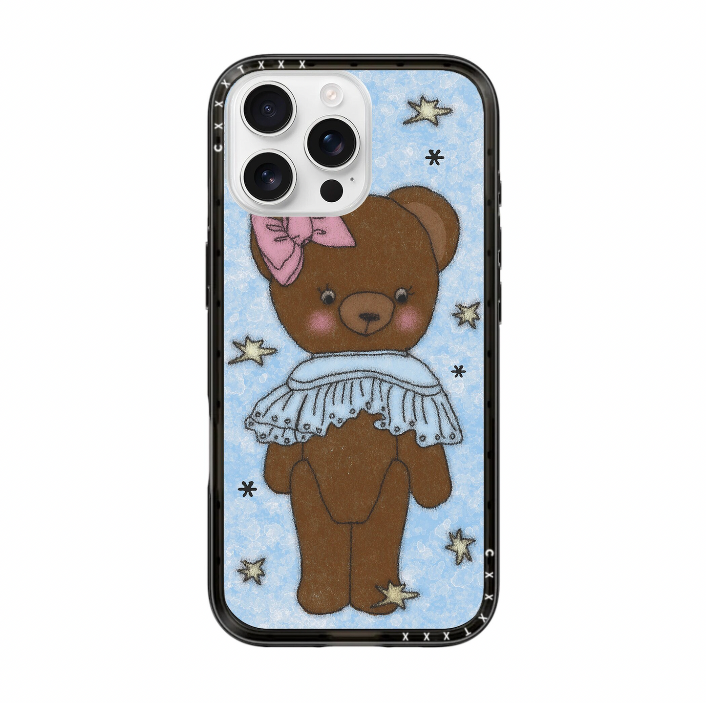 Front view of an iPhone case featuring a full illustration of a standing brown teddy bear. The bear wears a pink bow on its left ear and a detailed white eyelet lace collar. The backdrop is a soft blue textured pattern with various small floating colorful stars and dots. The case has a thick black protective bumper.