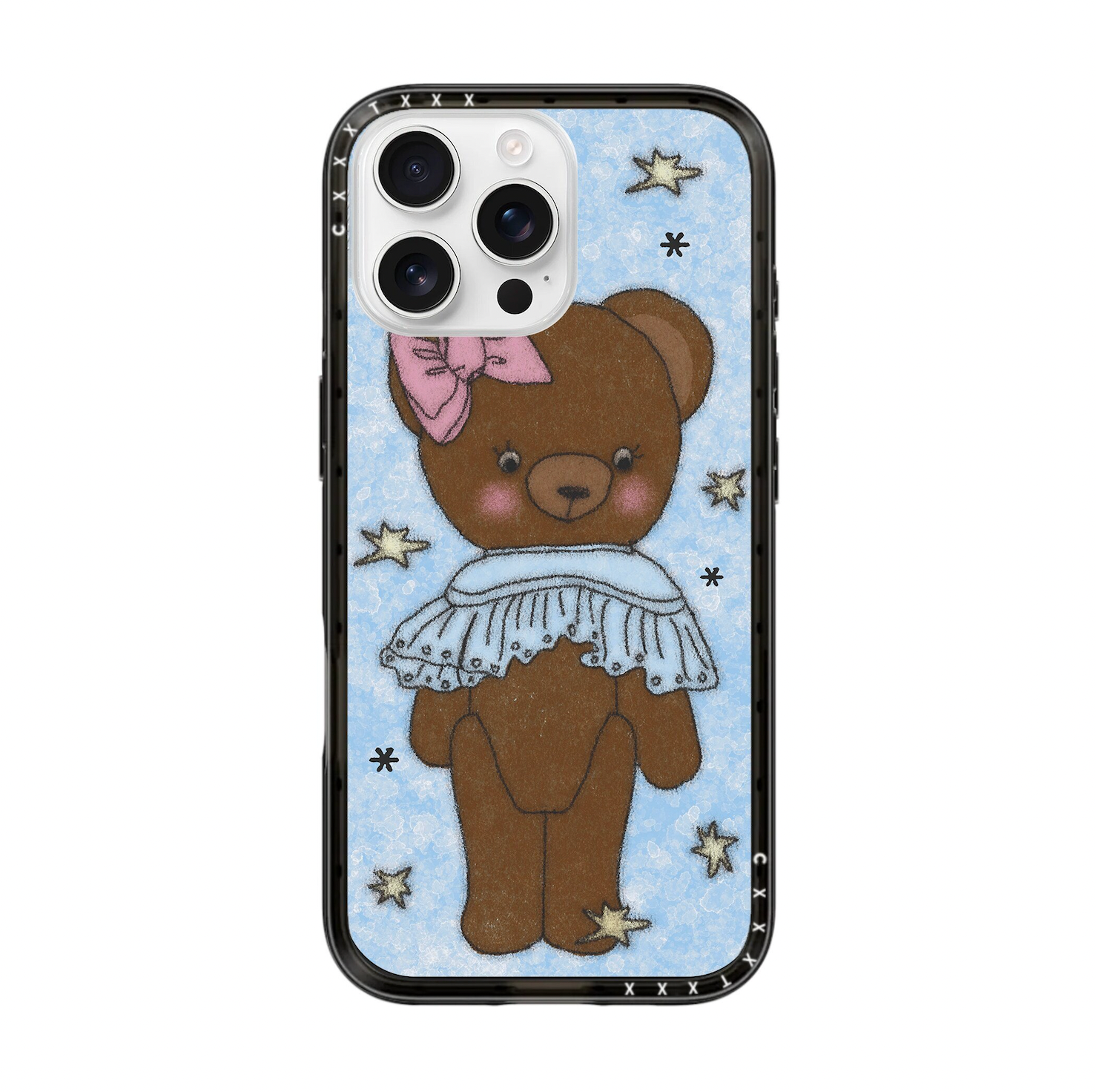 Front view of an iPhone case featuring a full illustration of a standing brown teddy bear. The bear wears a pink bow on its left ear and a detailed white eyelet lace collar. The backdrop is a soft blue textured pattern with various small floating colorful stars and dots. The case has a thick black protective bumper.