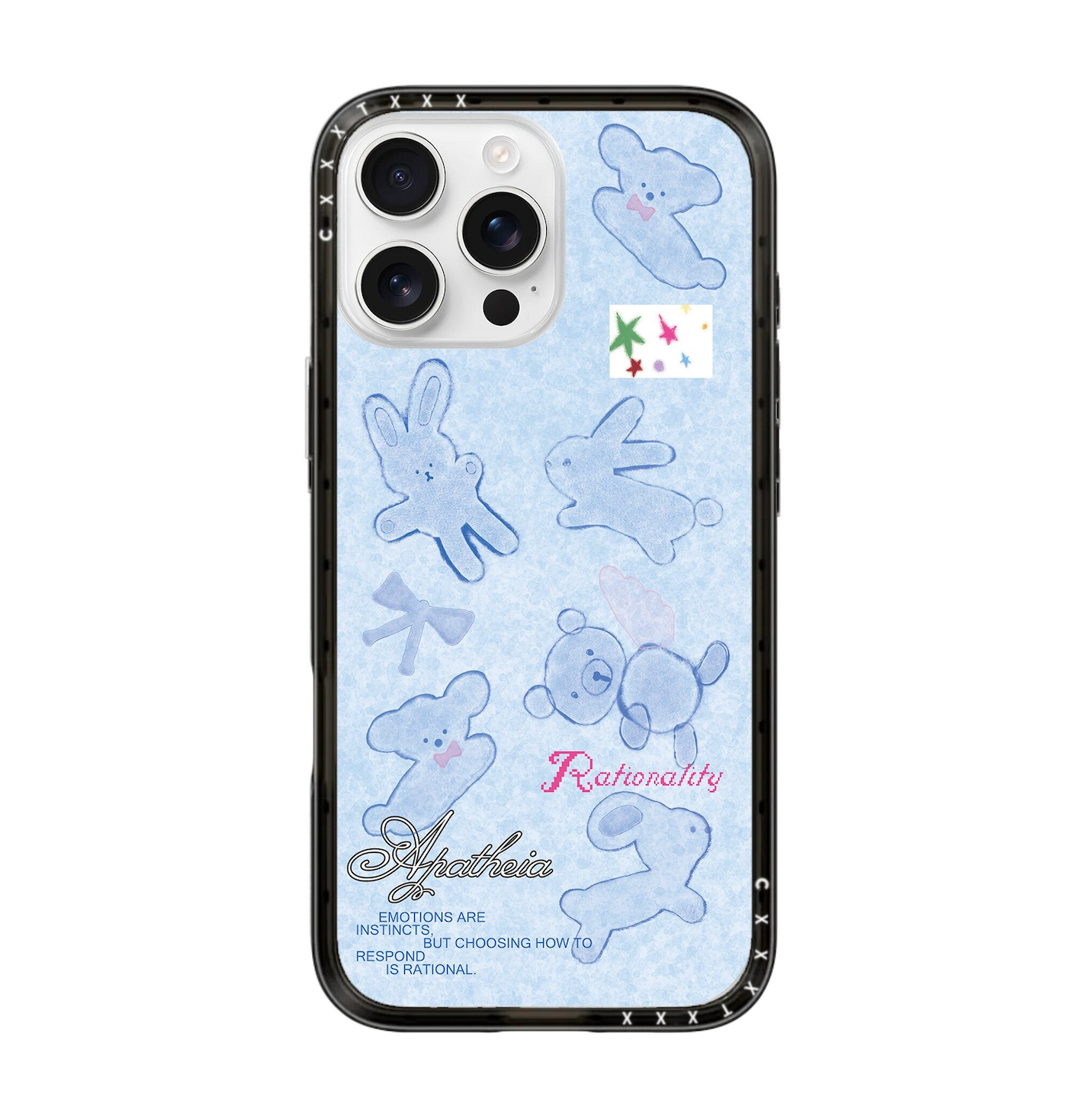 A professional-grade protective phone case with a soft, textured sky-blue background. The artwork consists of several light blue, semi-transparent animal sketches including rabbits and bears, paired with black and pink 'Rationality' and 'Apatheia' typography. A short philosophical quote about emotions is visible at the bottom. The case is framed by a sturdy black bumper with reinforced corners.
