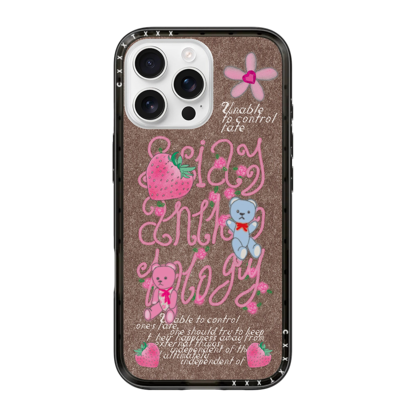 A protective phone case with a shimmering brownie-brown glitter background. The design is a collage featuring a light blue teddy bear, a pink teddy bear, strawberries, and cherries. Stylized text reads 'Social Anthology' and 'Fate', along with a philosophical quote about happiness. The case is enclosed in a thick black bumper with reinforced corners.