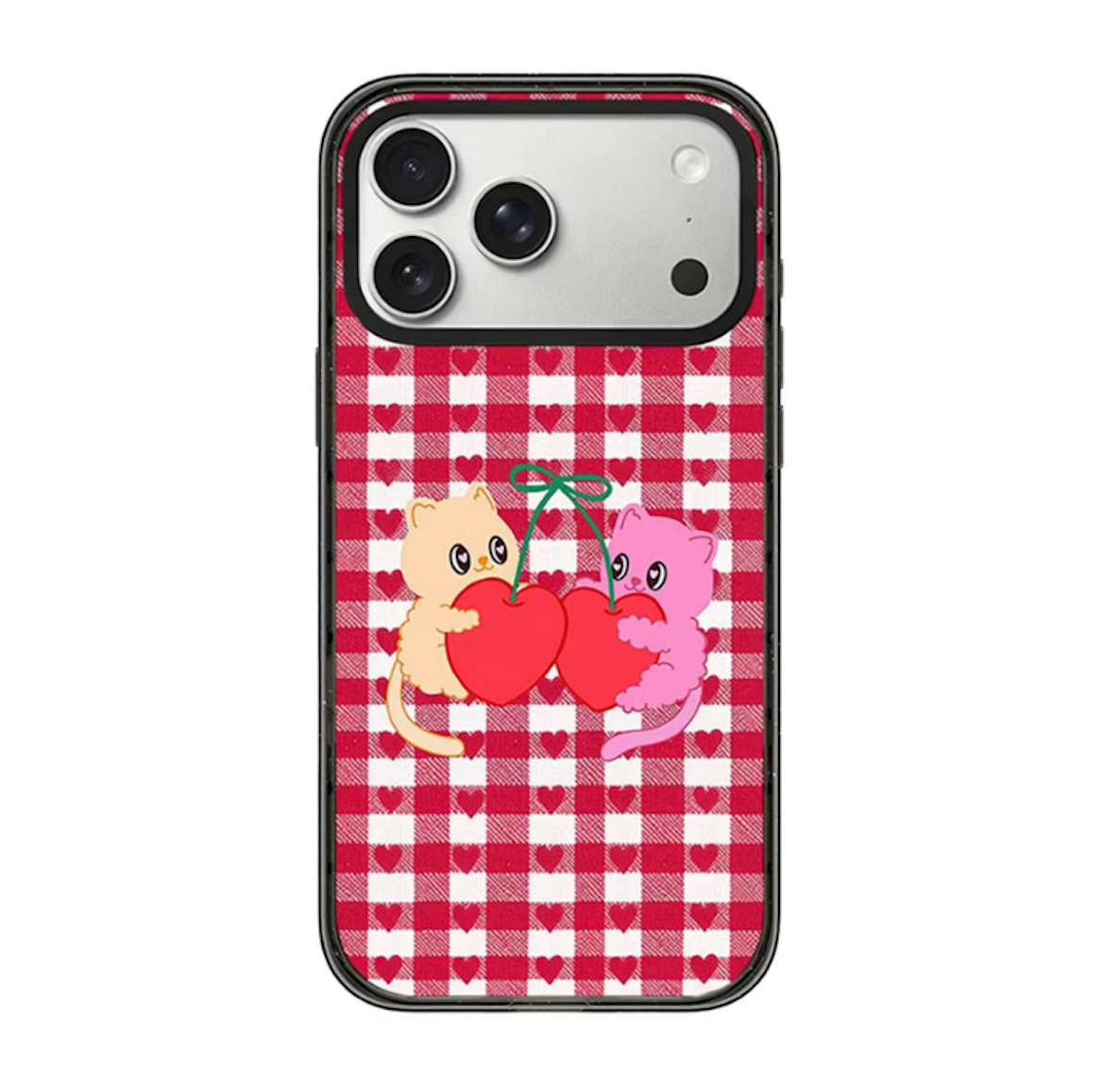 Front and side view of an iPhone case with a red and white gingham plaid pattern underlay. On the back, a light peach cat and a pink cat are illustrated sitting together, hugging a large, shared heart-shaped red cherry that is connected by a green stem and a bow. The case is framed by a thick black protective bumper with reinforced corners and a clear side profile.