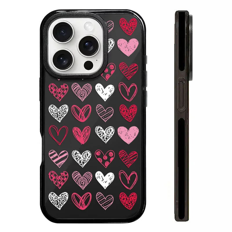 A unique and lovely black graphic phone case for iPhone, covered in a pattern of charming assorted heart graphics.