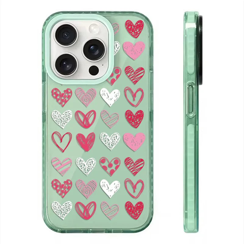 A fun and playful clear green iPhone Case with a whimsical scattered hearts pattern, perfect for adding a pop of color.
