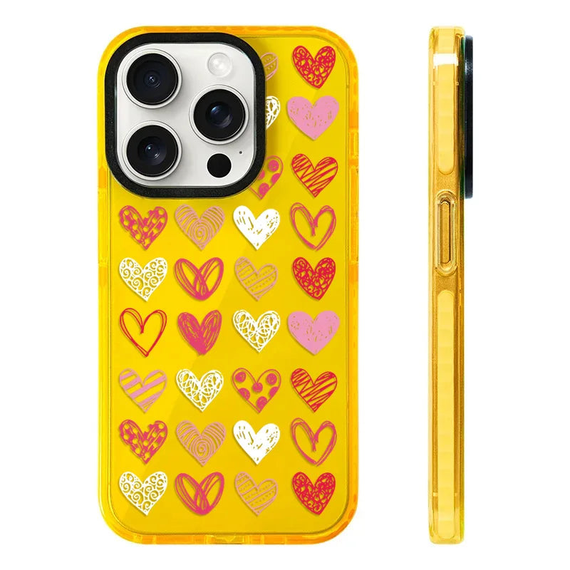 Vibrant Yellow iPhone 17 Pro Case featuring an all-over print of colorful hearts in assorted styles like polka dots, stripes, and doodles.