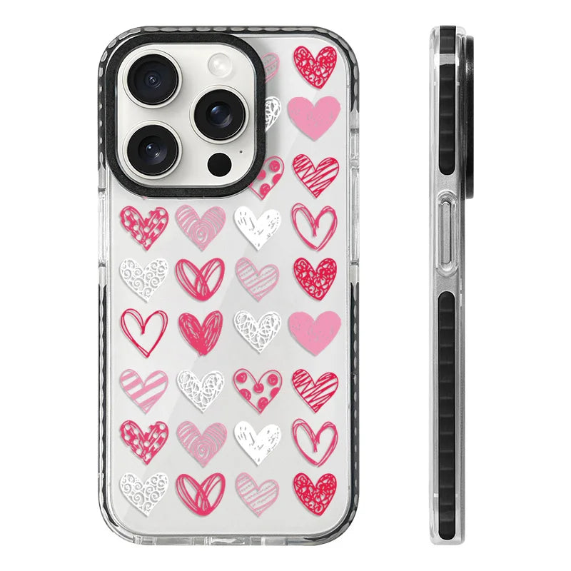 Slim-fit clear iPhone protective case with a fun and festive scattered hearts pattern.