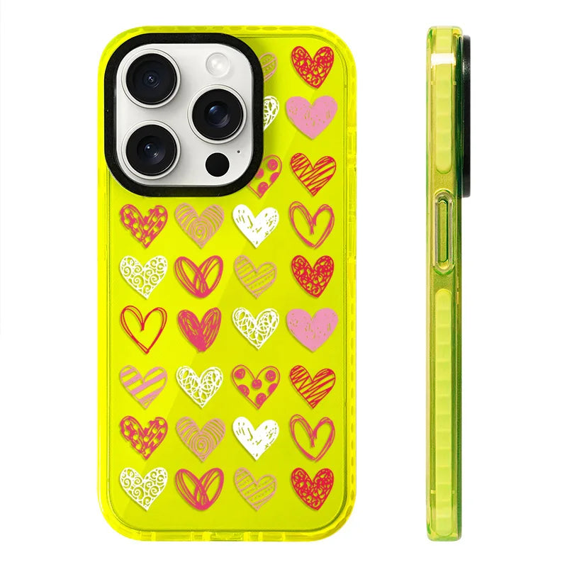 Fluorescence iPhone 16 Pro Case featuring an all-over print of colorful hearts in assorted styles like polka dots, stripes, and doodles.