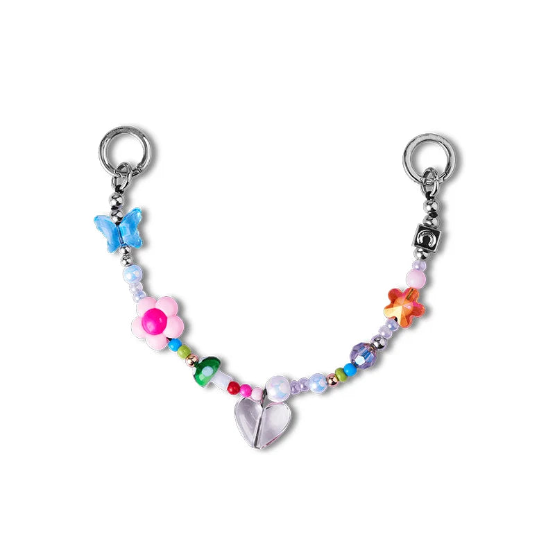 CasePoppi Y2K Aesthetic Beaded Phone Charm Chain, featuring colorful candy collage, acrylic flower, butterfly, heart, and crystal beads.