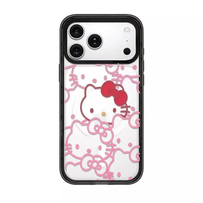 CasePoppi Pink Velvet Muse phone case with pink character outlines and a red bow