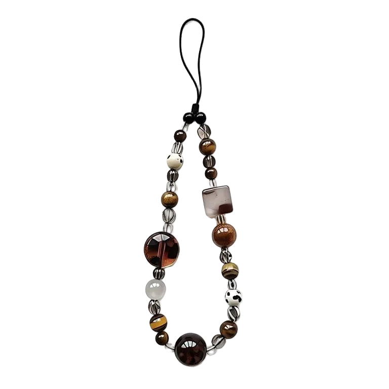 Beaded phone strap with brown, black, and white beads on a white background