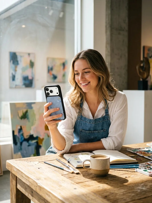 A creative lifestyle photo of a smiling female artist in a white shirt and denim apron sitting at a wooden studio desk, displaying an artisan blue paint stripe phone case.