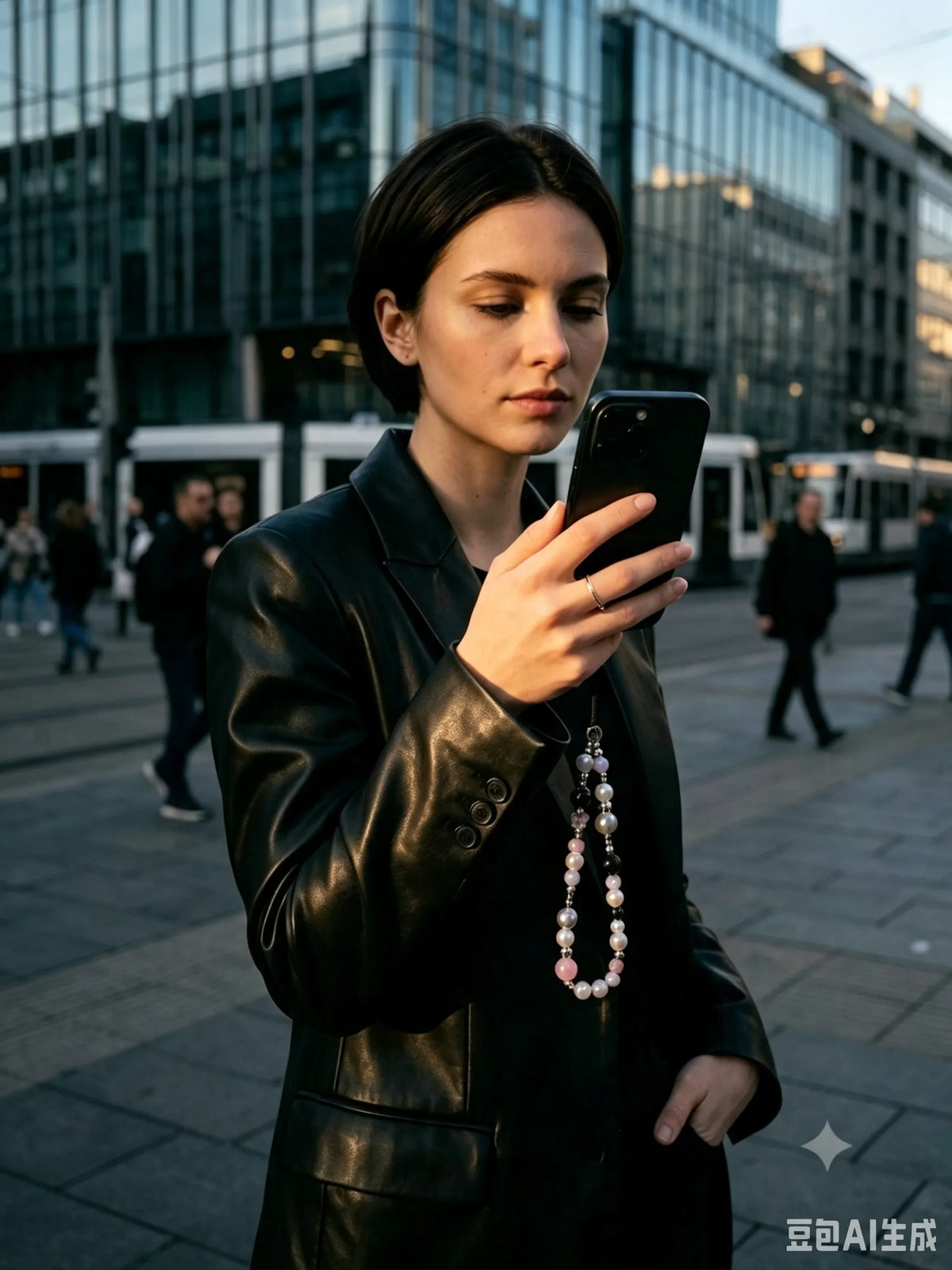 An edgy streetstyle editorial photo of a woman in a black leather coat holding a smartphone with a colorful beaded phone charm strap attached.