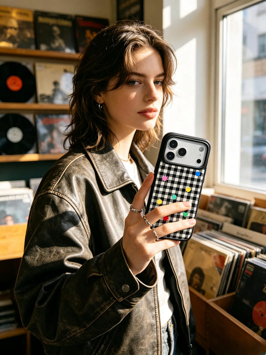 A cool edgy portrait of a young woman in a leather jacket inside a retro record shop, holding a black and white gingham phone case decorated with colorful playful dots.