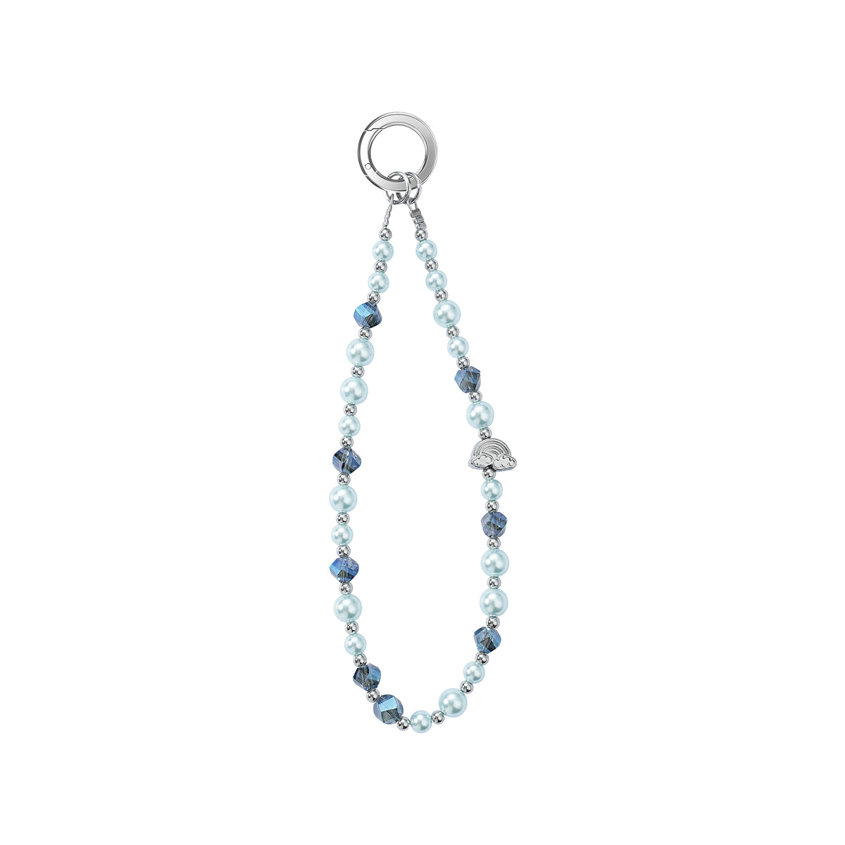 An elegant pastel blue crystal beaded phone charm lanyard with a dainty star charm centerpiece, isolated on a white background.