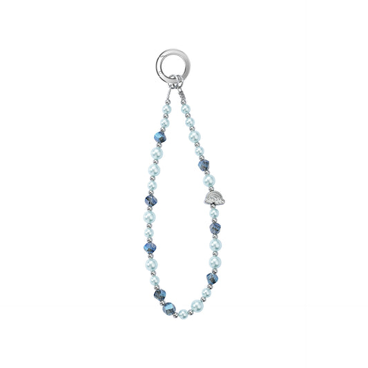 An elegant pastel blue crystal beaded phone charm lanyard with a dainty star charm centerpiece, isolated on a white background.