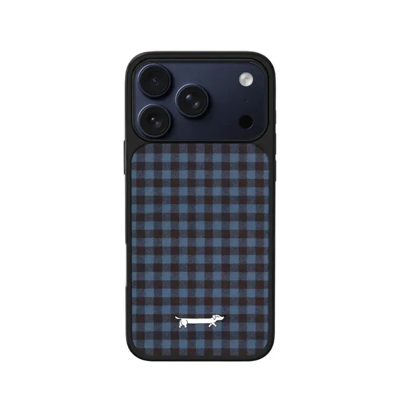 CasePoppi Blue Brown Plaid Dachshund iPhone Case with Black Carbon Texture Frame and British Preppy Style Design