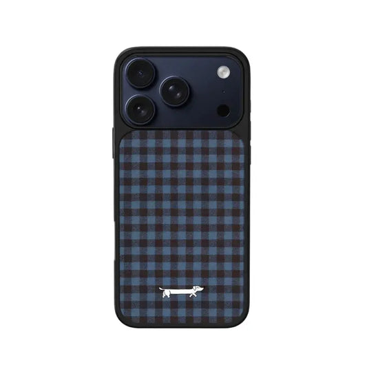 CasePoppi Blue Brown Plaid Dachshund iPhone Case with Black Carbon Texture Frame and British Preppy Style Design