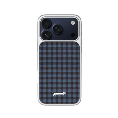CasePoppi Blue Brown Plaid Dachshund iPhone Case with Silver Electroplated Frame and Preppy British Style Design