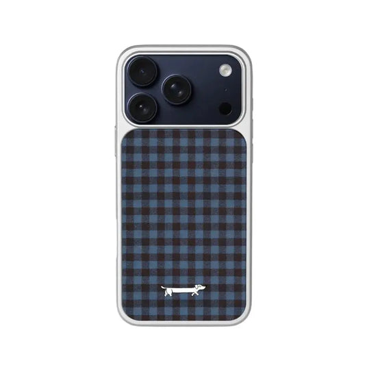 CasePoppi Blue Brown Plaid Dachshund iPhone Case with Silver Electroplated Frame and Preppy British Style Design