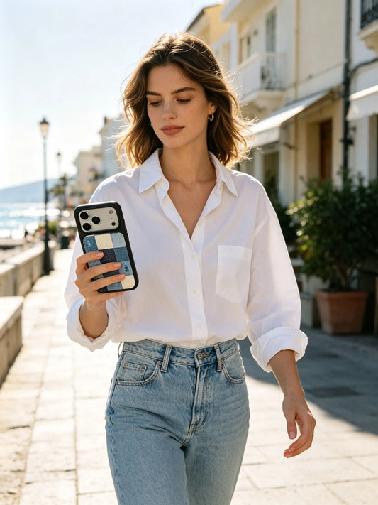 A bright coastal streetstyle photo of a woman in a white button-down shirt and denim jeans, holding a sky blue and white checkered phone case.